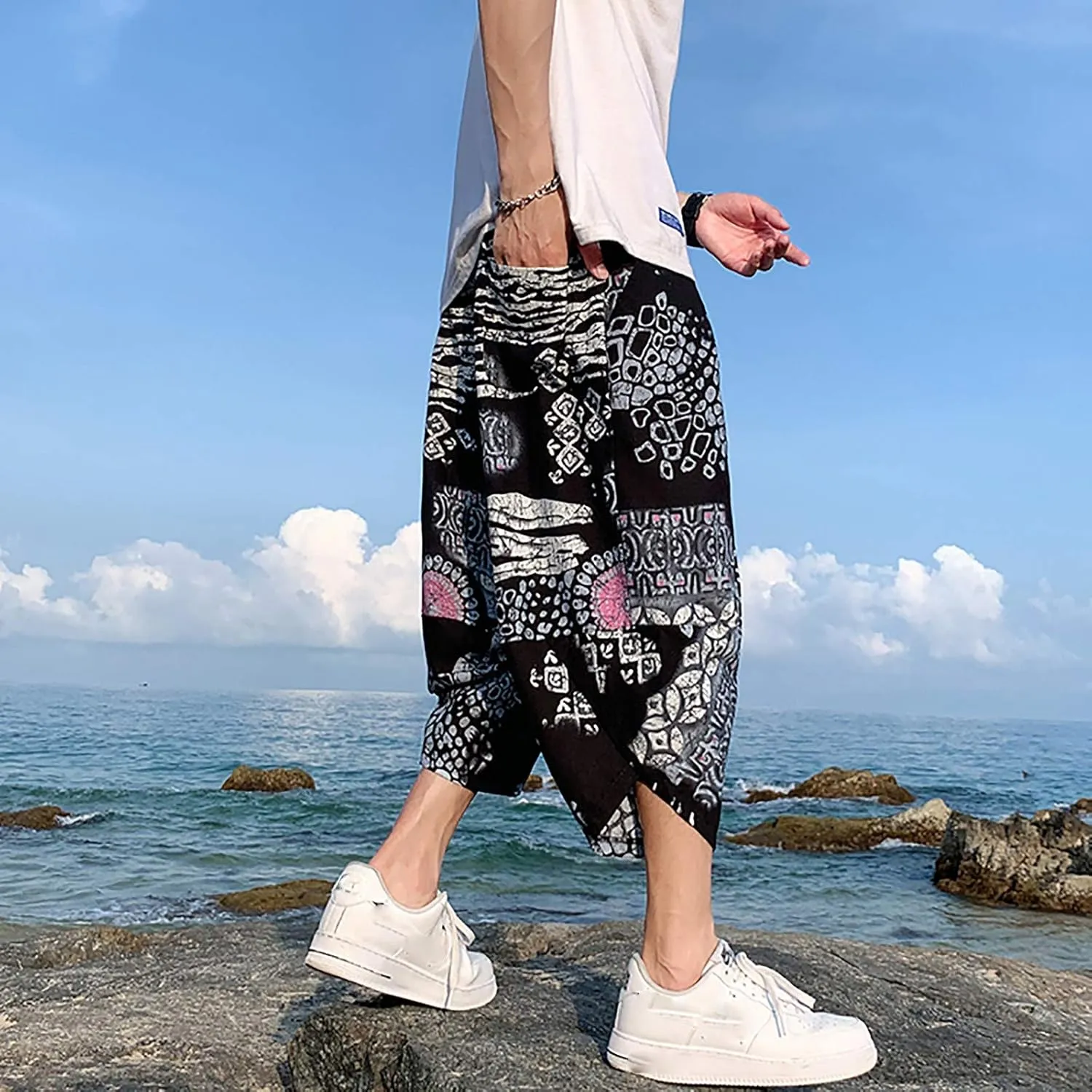 SUWBMHWE Mens Elastic Waist Pants, Men's Cotton-Linen Loose Casual Lightweight Elastic Waist Pants Home Pants