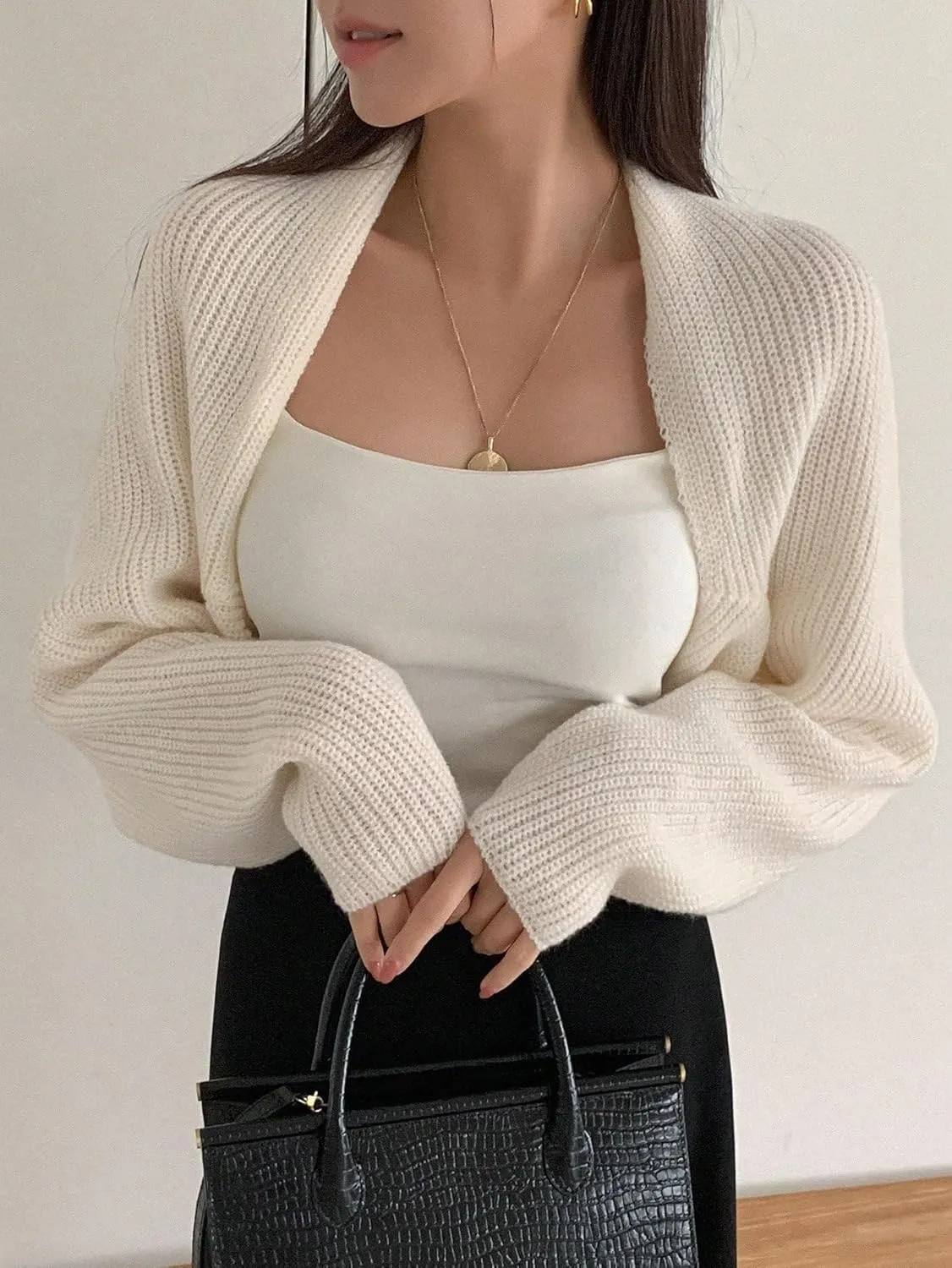 SweatyRocks Women's Open Front Cropped Cardigan Long Sleeve Bolero Shrug Sweater