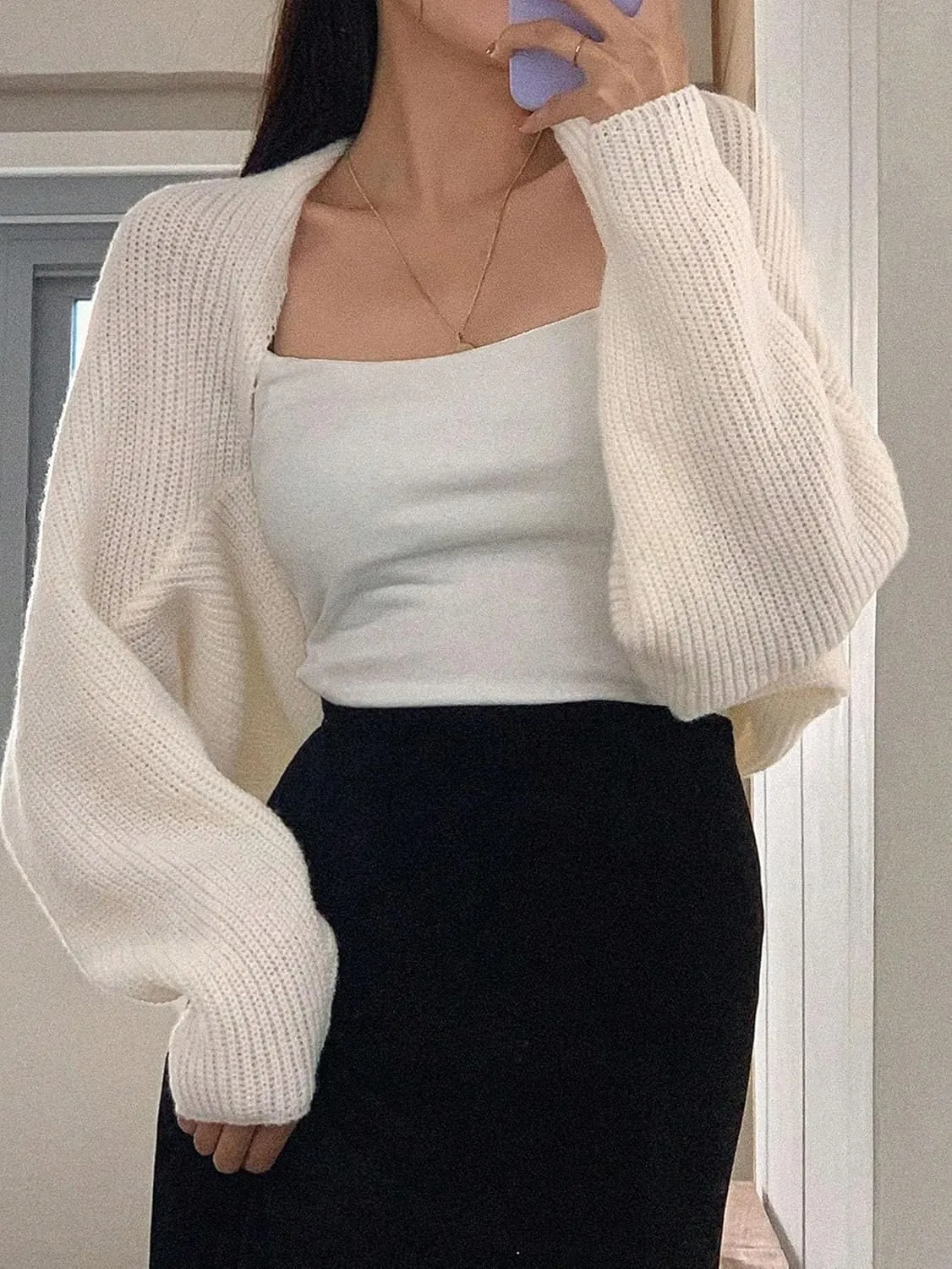 SweatyRocks Women's Open Front Cropped Cardigan Long Sleeve Bolero Shrug Sweater