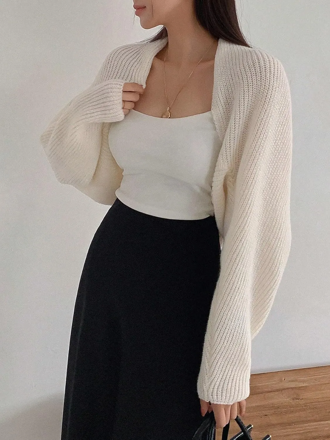 SweatyRocks Women's Open Front Cropped Cardigan Long Sleeve Bolero Shrug Sweater