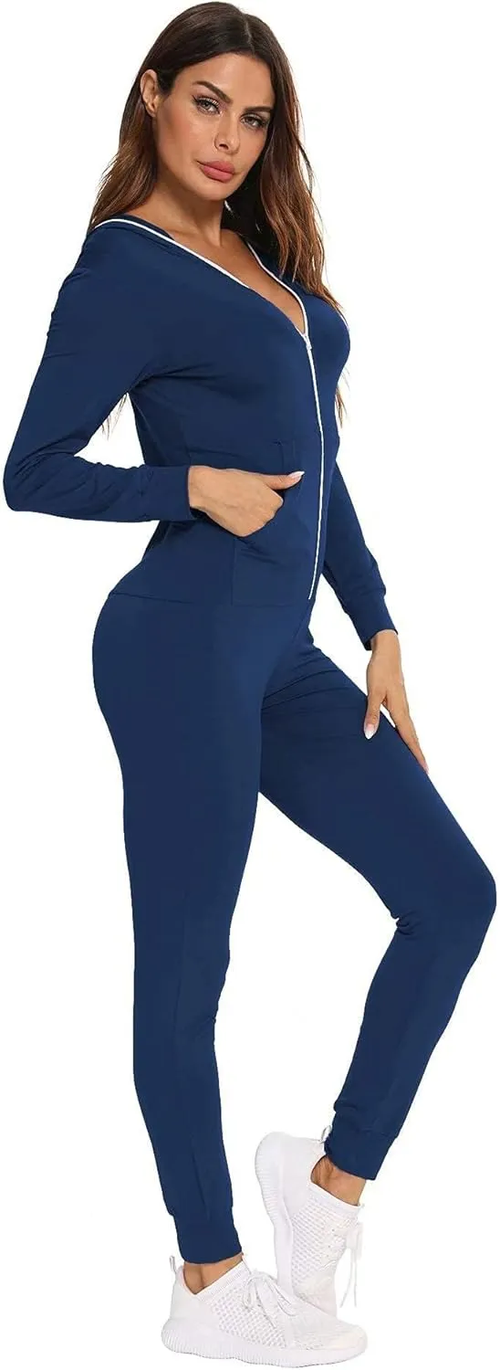 SWOMOG Womens Pajamas Jumpsuits Zip-up Hoodie Union Jumpsuit Romper Long Sleeve Sexy Onesie Bodysuits One Piece Sleepwear