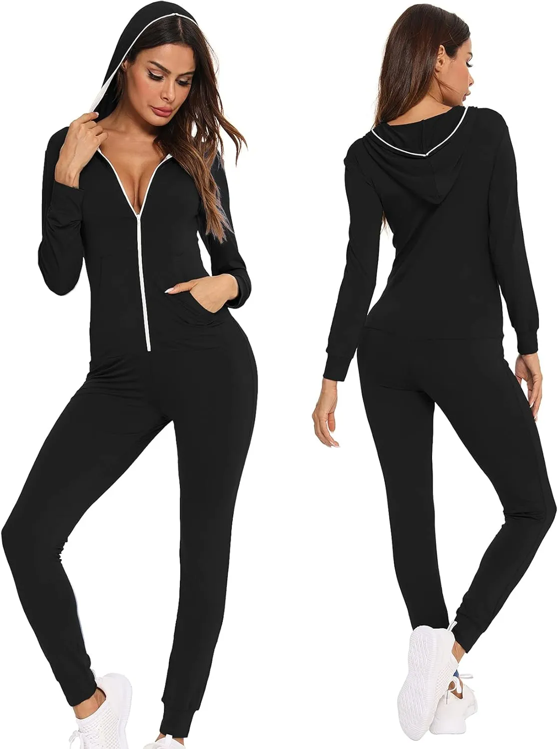SWOMOG Womens Pajamas Jumpsuits Zip-up Hoodie Union Jumpsuit Romper Long Sleeve Sexy Onesie Bodysuits One Piece Sleepwear