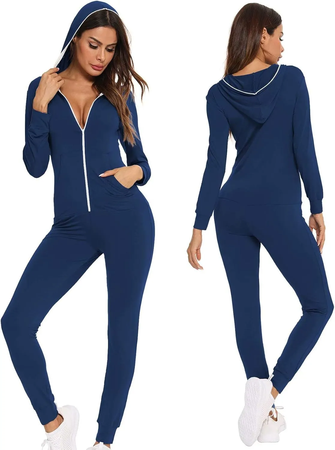 SWOMOG Womens Pajamas Jumpsuits Zip-up Hoodie Union Jumpsuit Romper Long Sleeve Sexy Onesie Bodysuits One Piece Sleepwear
