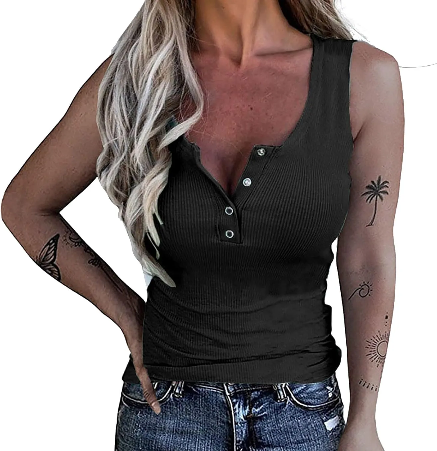 Tank Tops for Women Summer Casual Cropped Ribbed Sleeveless Camisole Tops Button V Neck Henley Shirt Clothes 2025