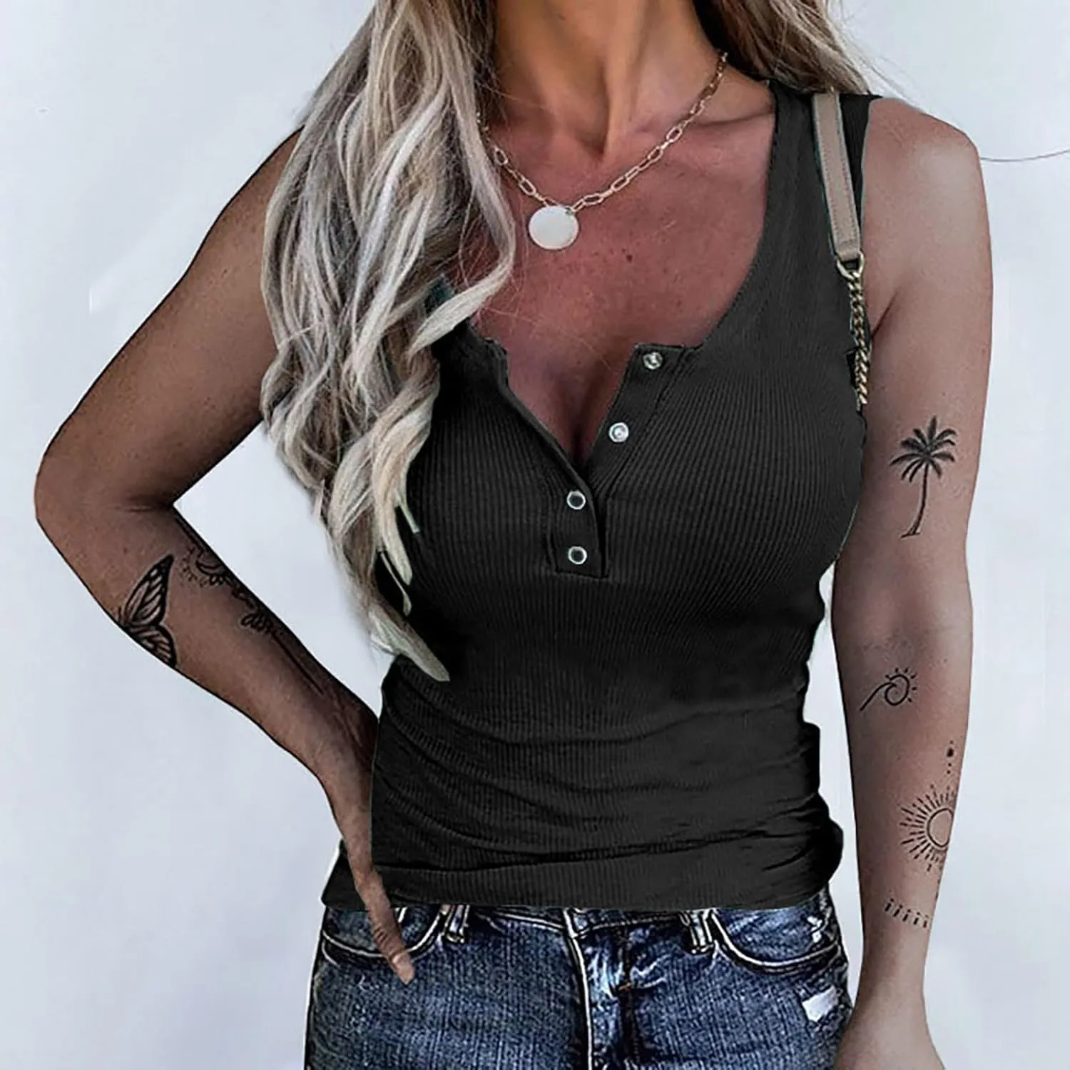 Tank Tops for Women Summer Casual Cropped Ribbed Sleeveless Camisole Tops Button V Neck Henley Shirt Clothes 2025