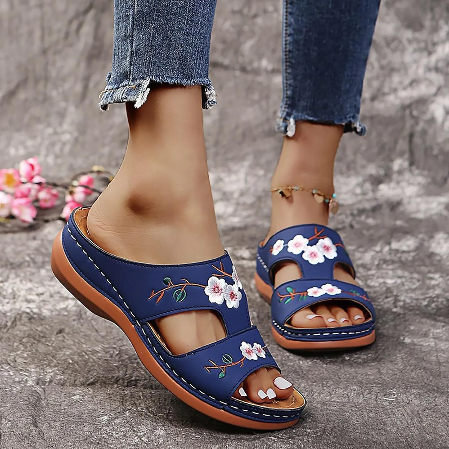 Thick Bottom Slope And Fashion Outside Wearing Open Toed Square Head Cold Drags Shoes Korean Denim Cloth High Heeled