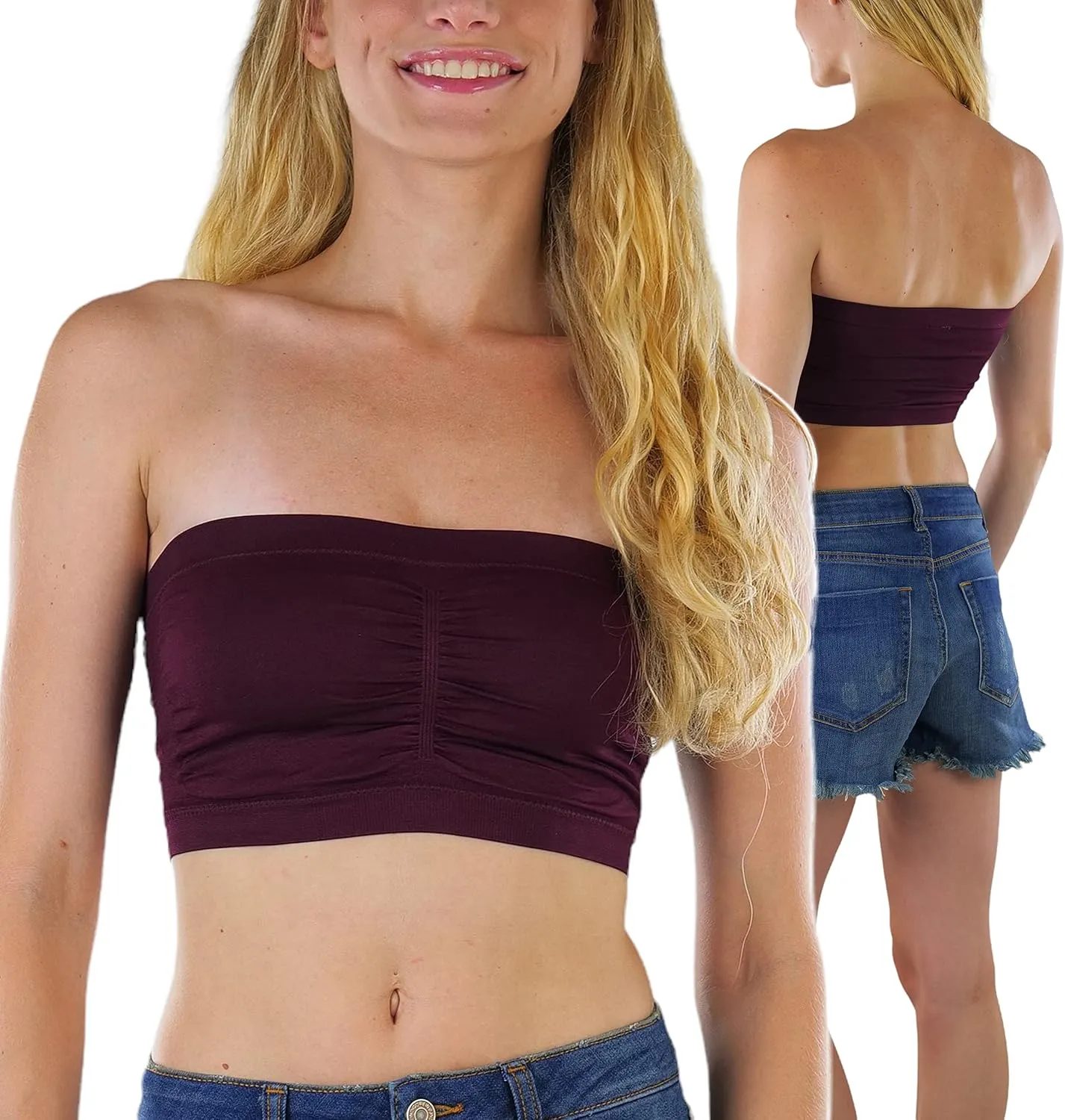 ToBeInStyle Women's Regular and Plus Size Removable Pads Ruched Bandeau Tube Bra