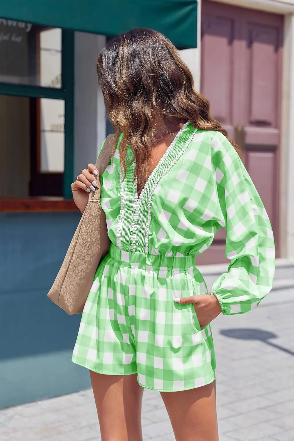 Tongmingyun Womens Romper Plaid Long Puff Sleeve Deep V Neck Short Jumpsuits Vacation Outfits