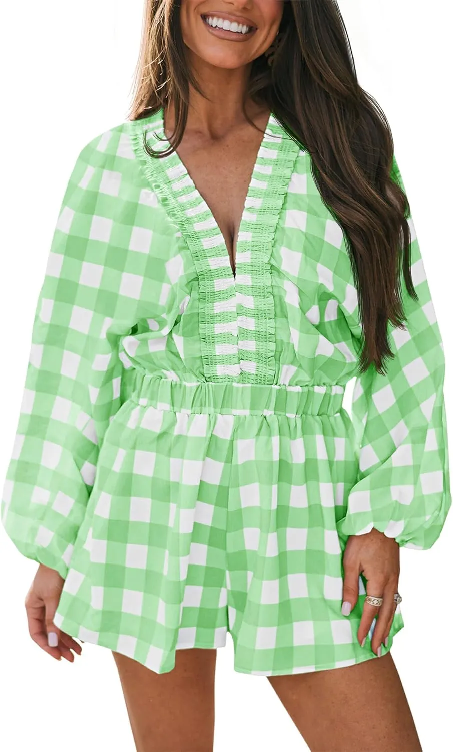 Tongmingyun Womens Romper Plaid Long Puff Sleeve Deep V Neck Short Jumpsuits Vacation Outfits