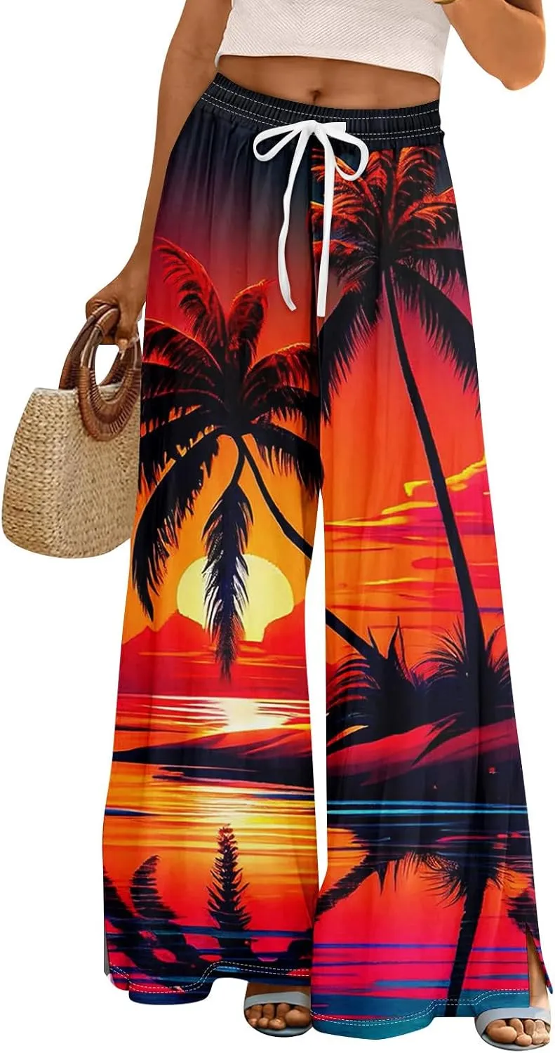 Travel Pants Women 2025 Palazzo Dressy Baggy Floral Relaxed Fit Trendy Bohemian Style Bottoms
