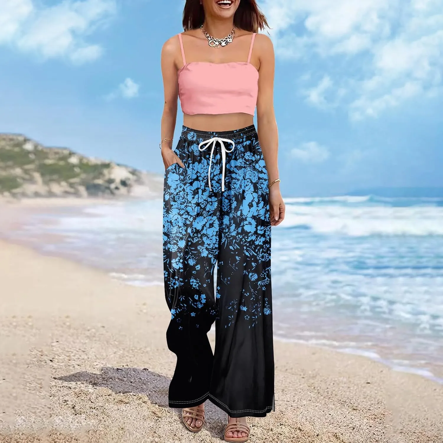 Travel Pants Women 2025 Palazzo Dressy Baggy Floral Relaxed Fit Trendy Bohemian Style Bottoms