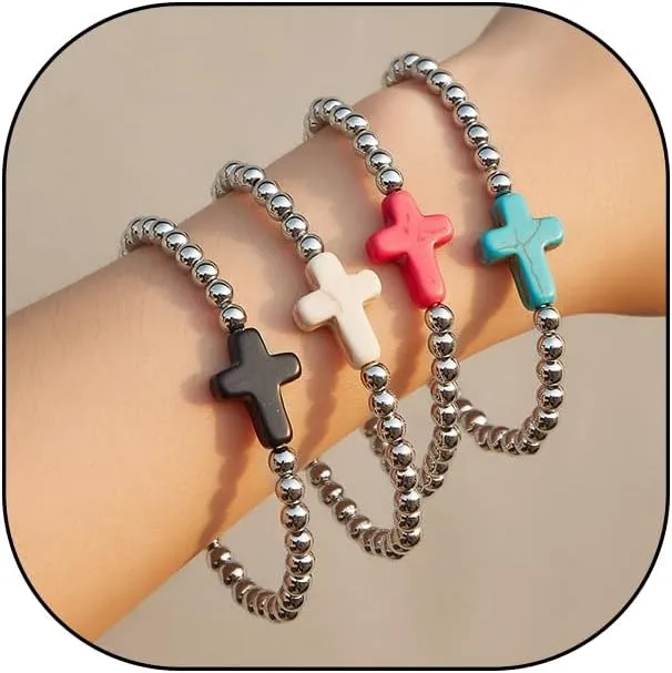 Trendy Layered Gold Beaded Bracelets Set for Women Stackable Stretch Cross Bead Ball Bangles Stack Multicolor Crucifix Bracelets Jewelry Accessories
