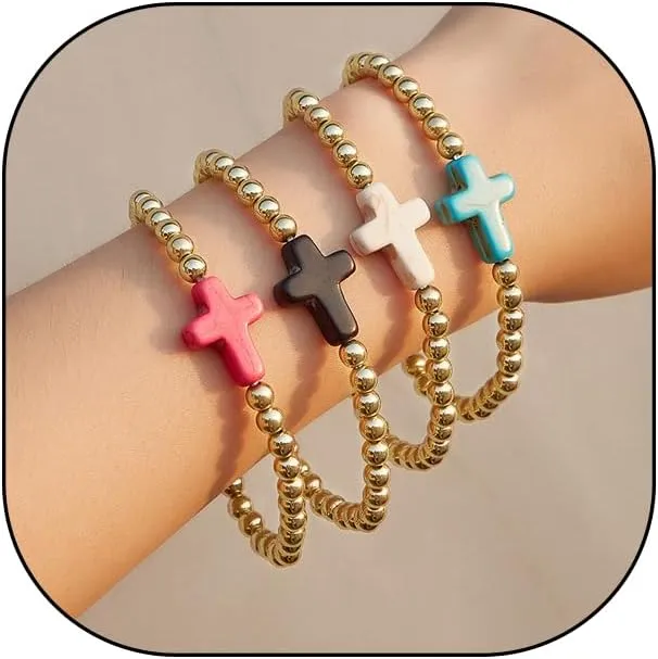 Trendy Layered Gold Beaded Bracelets Set for Women Stackable Stretch Cross Bead Ball Bangles Stack Multicolor Crucifix Bracelets Jewelry Accessories