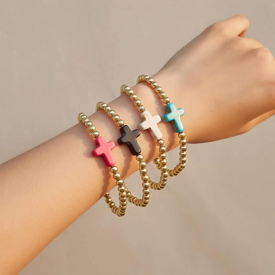 Trendy Layered Gold Beaded Bracelets Set for Women Stackable Stretch Cross Bead Ball Bangles Stack Multicolor Crucifix Bracelets Jewelry Accessories