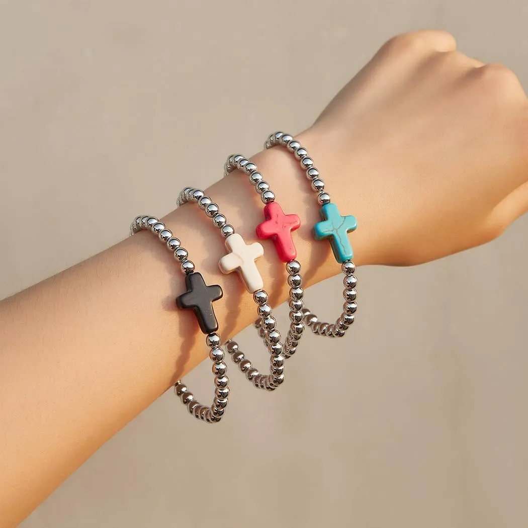 Trendy Layered Gold Beaded Bracelets Set for Women Stackable Stretch Cross Bead Ball Bangles Stack Multicolor Crucifix Bracelets Jewelry Accessories