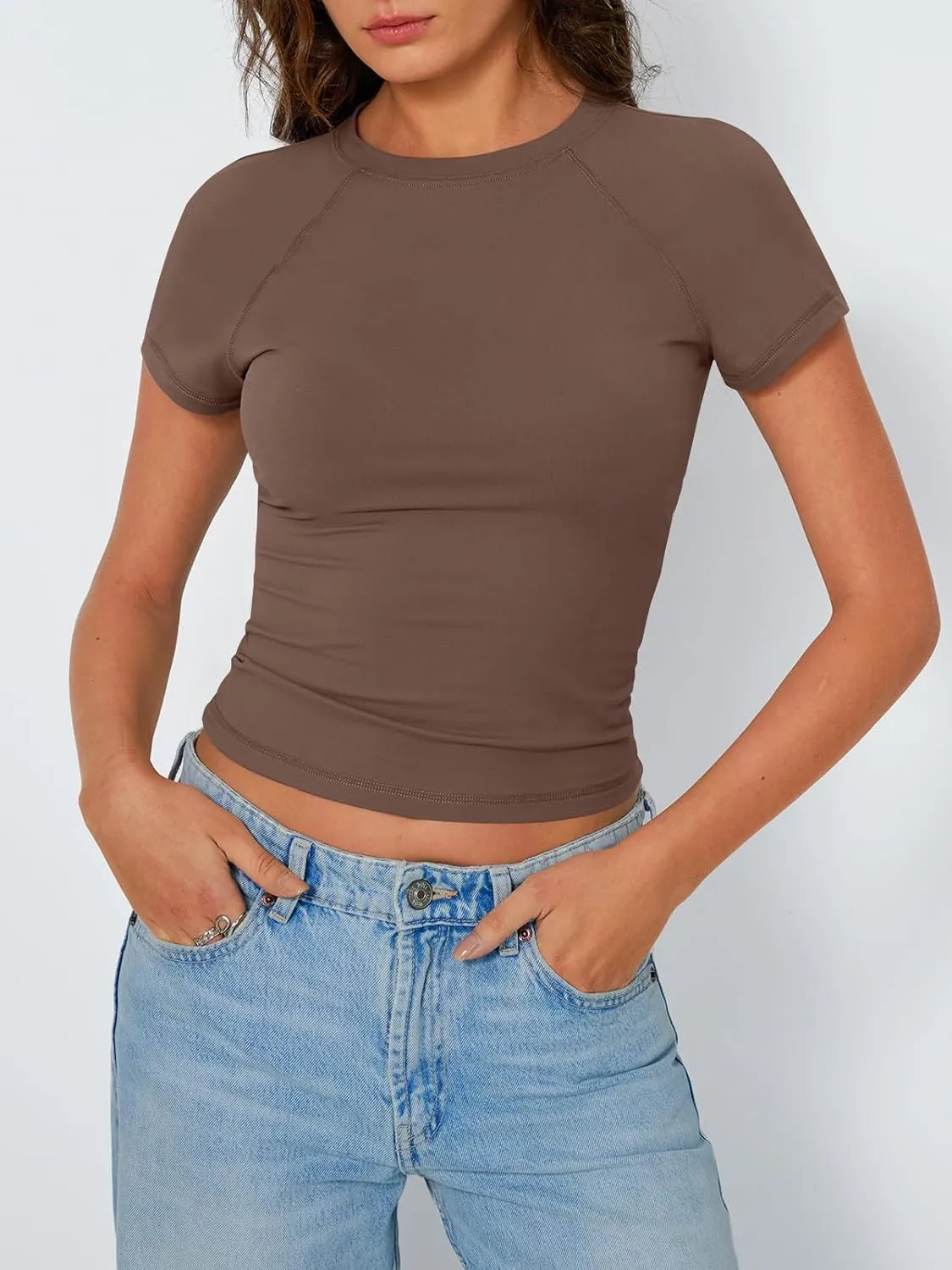 Trendy Queen Womens Short Sleeve Shirts Summer 2025 Raglan T Shirts Basic Tees Crewneck Crop Tops Slim Fit Y2K Clothes