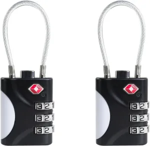 TSA Approved Luggage Locks - Small Combo Travel Padlock with Cable, TSA 007 Suitcase & Backpack Security, Durable & Easy to Use (Black Black)