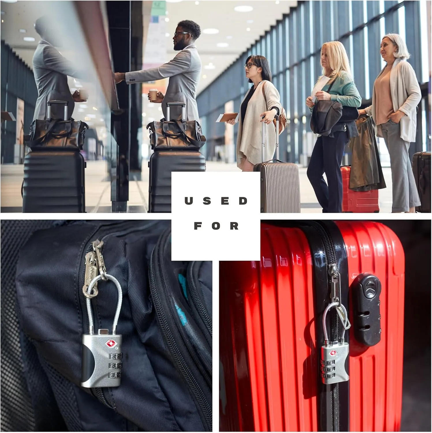 TSA Approved Luggage Locks - Small Combo Travel Padlock with Cable, TSA 007 Suitcase & Backpack Security, Durable & Easy to Use (Black Silver)