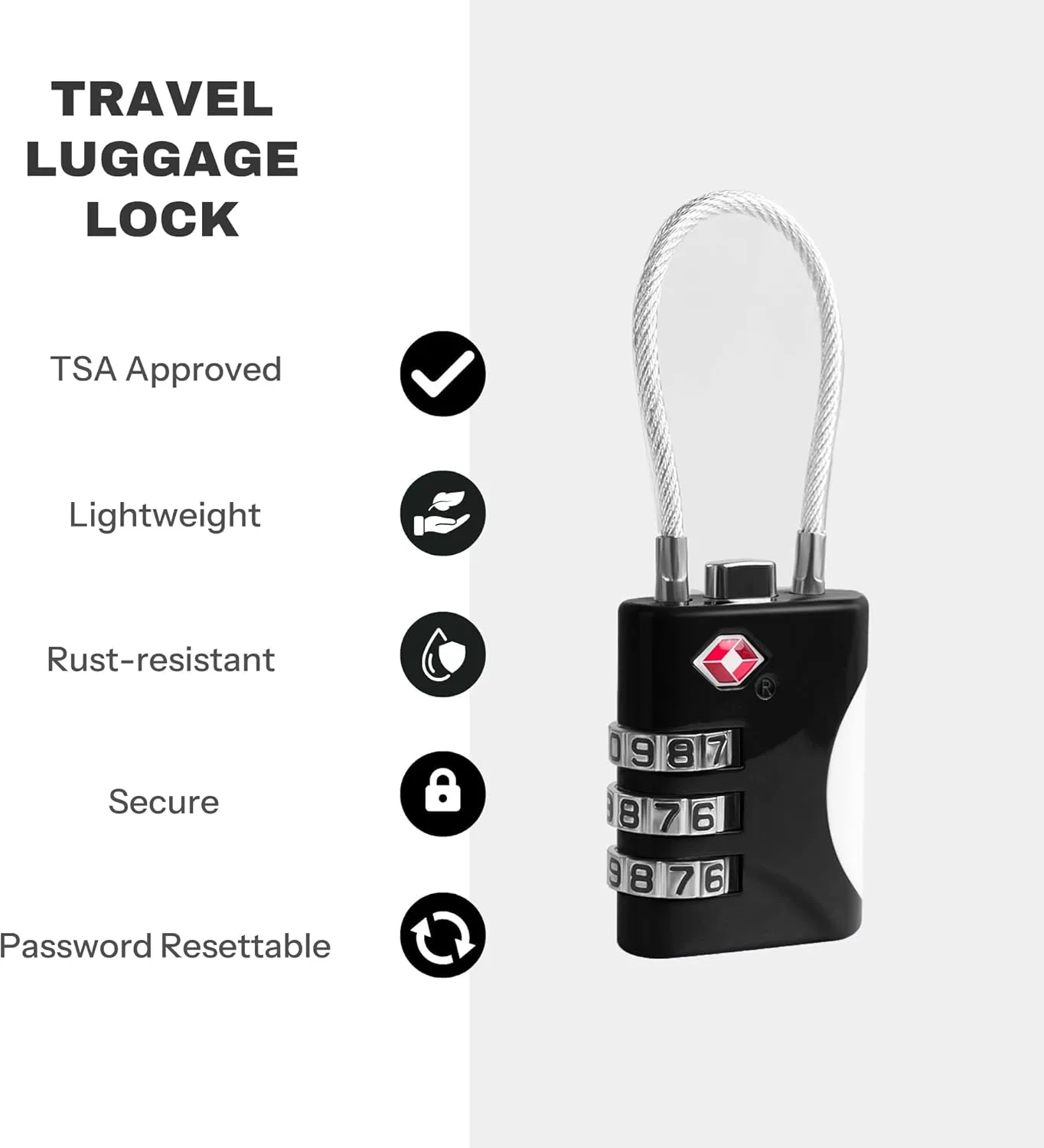TSA Approved Luggage Locks - Small Combo Travel Padlock with Cable, TSA 007 Suitcase & Backpack Security, Durable & Easy to Use (Black Silver)
