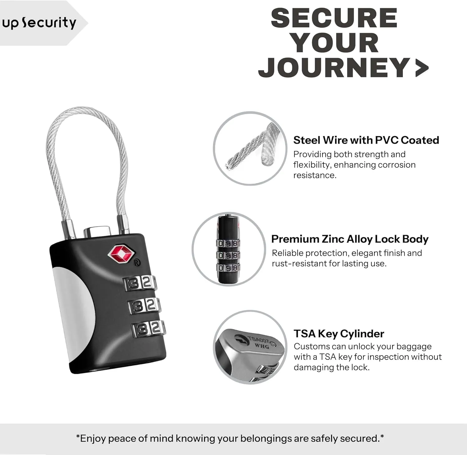 TSA Approved Luggage Locks - Small Combo Travel Padlock with Cable, TSA 007 Suitcase & Backpack Security, Durable & Easy to Use (Black Silver)