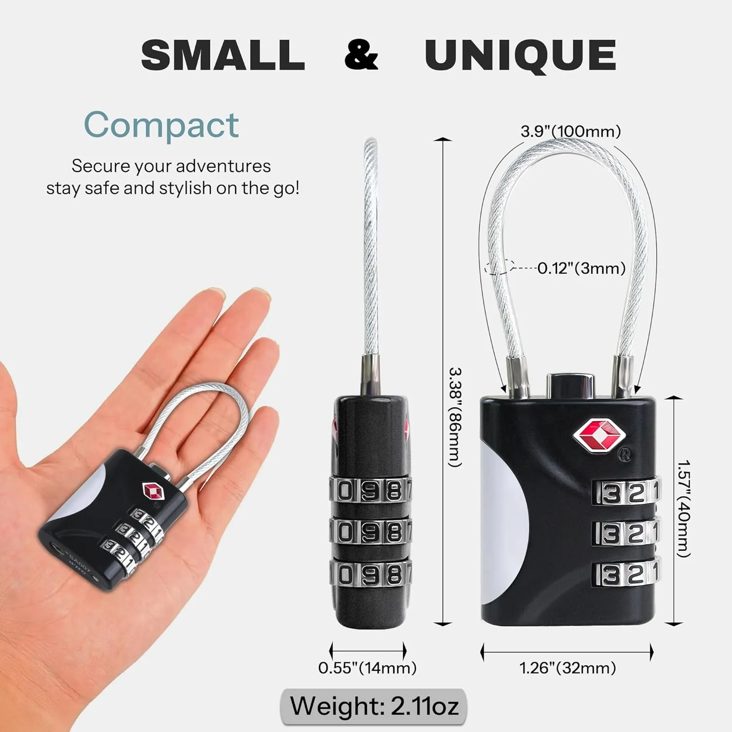 TSA Approved Luggage Locks - Small Combo Travel Padlock with Cable, TSA 007 Suitcase & Backpack Security, Durable & Easy to Use (Black Silver)