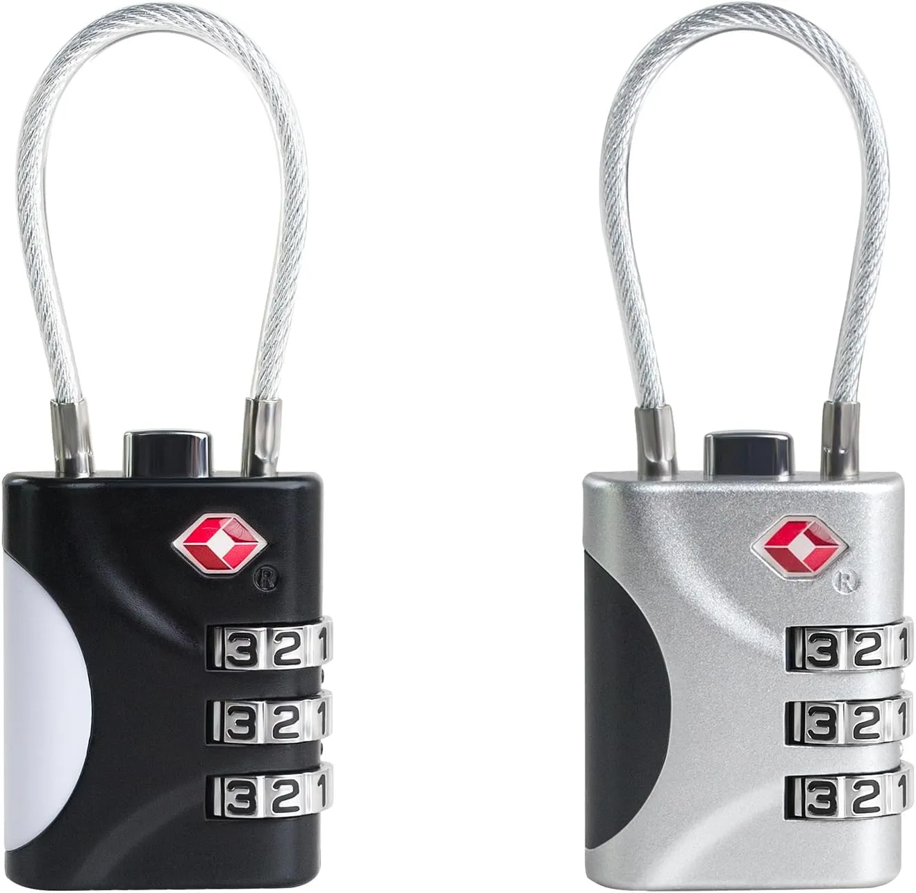 TSA Approved Luggage Locks - Small Combo Travel Padlock with Cable, TSA 007 Suitcase & Backpack Security, Durable & Easy to Use (Black Silver)