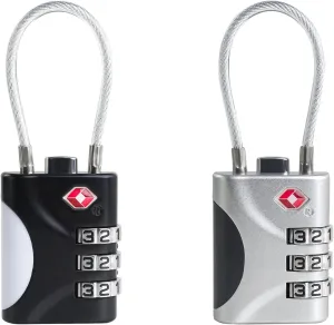 TSA Approved Luggage Locks - Small Combo Travel Padlock with Cable, TSA 007 Suitcase & Backpack Security, Durable & Easy to Use (Black Silver)