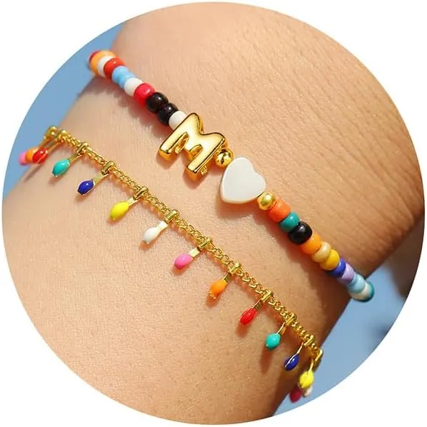 Turandoss Colorful Beaded Bracelets for Women - Trendy Boho Layered Bracelet, Cute Gold Charm Bracelets for Teen Girls Summer Gifts Jewrly