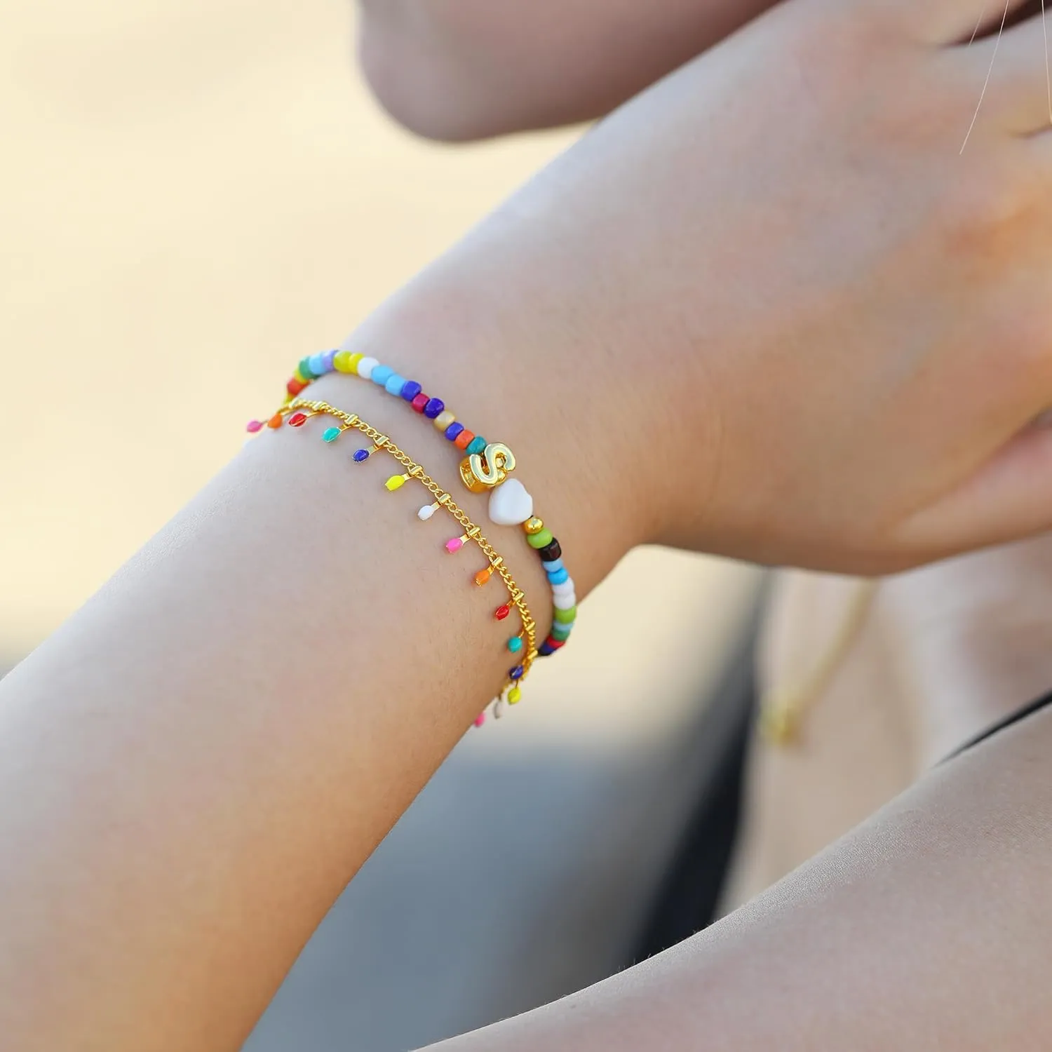 Turandoss Colorful Beaded Bracelets for Women - Trendy Boho Layered Bracelet, Cute Gold Charm Bracelets for Teen Girls Summer Gifts Jewrly