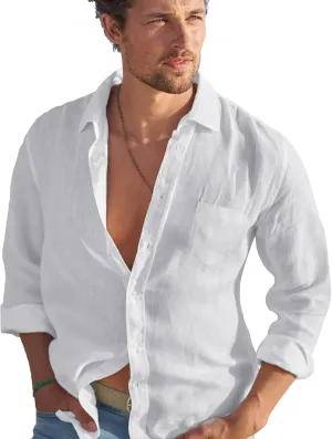 TURETRENDY Mens Button Down Linen Shirts Casual Long Sleeve Dress Shirts Regular Fit Cotton Beach Yoga Shirts with Pocket