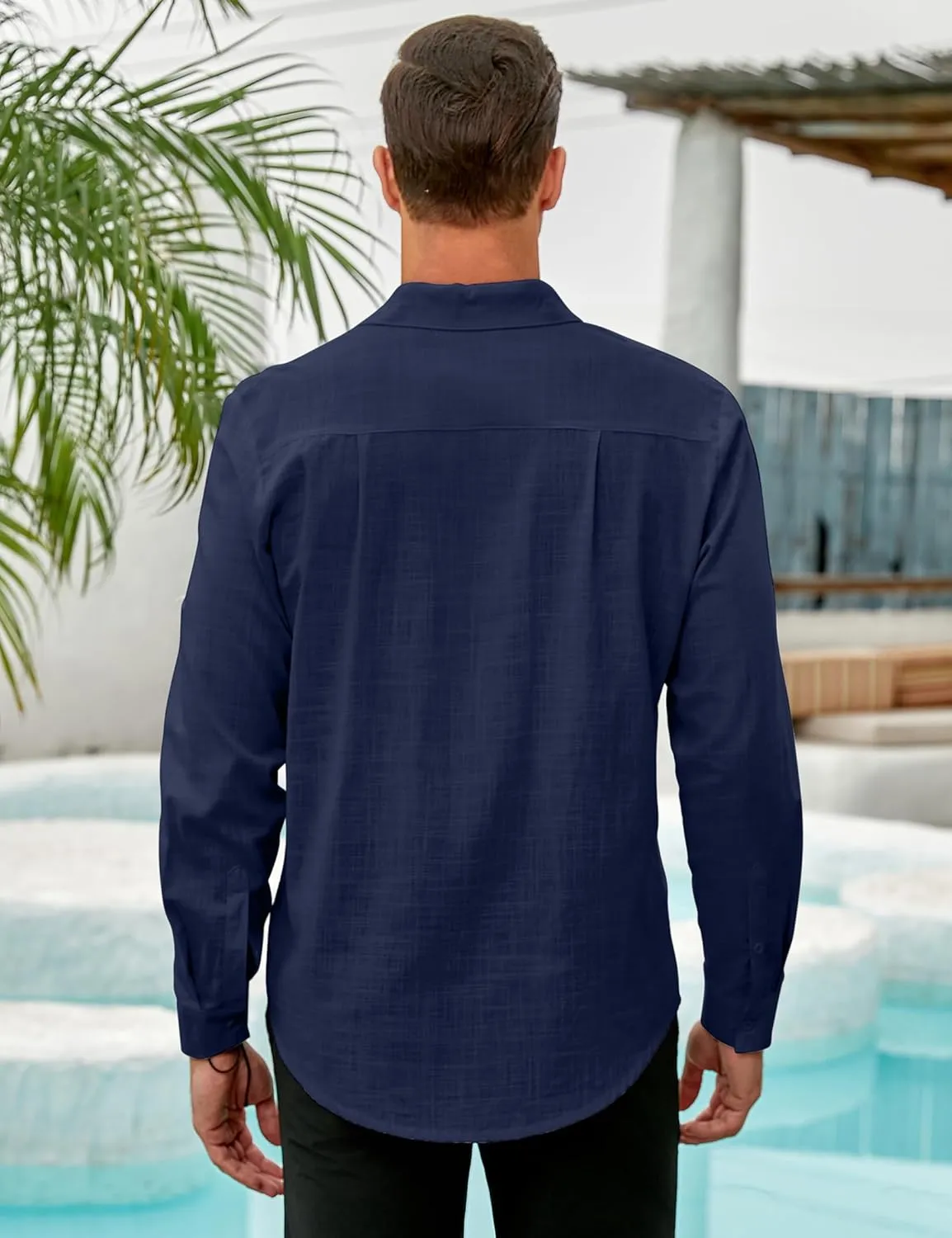 TURETRENDY Mens Button Down Linen Shirts Casual Long Sleeve Dress Shirts Regular Fit Cotton Beach Yoga Shirts with Pocket