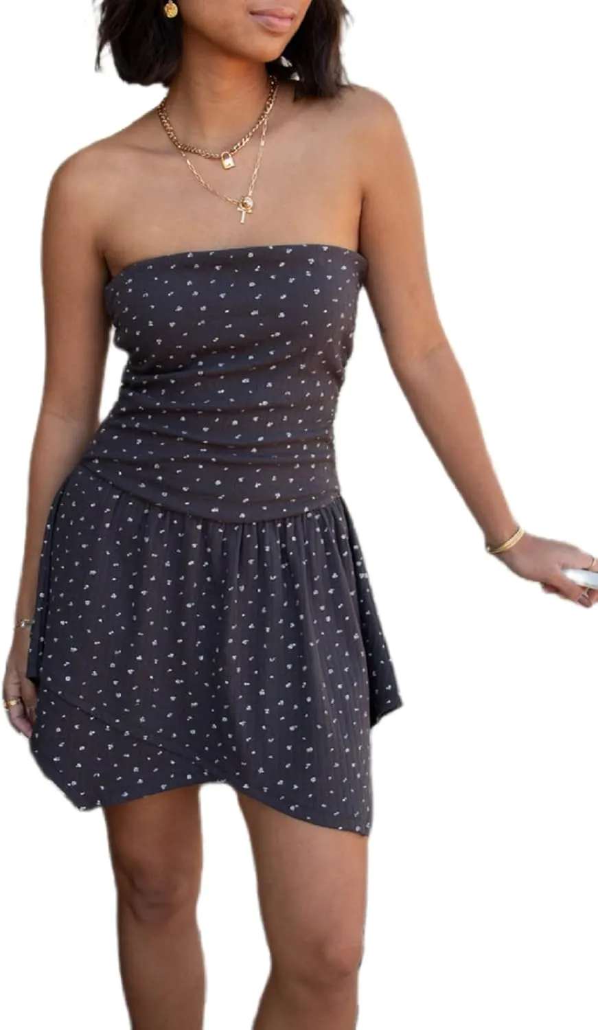 UAURORAO Women Strapless Ruched Mini Dress Asymmetrical Ruffle Polka Dot Tube Dress Ribbed Floral A Line Sundress