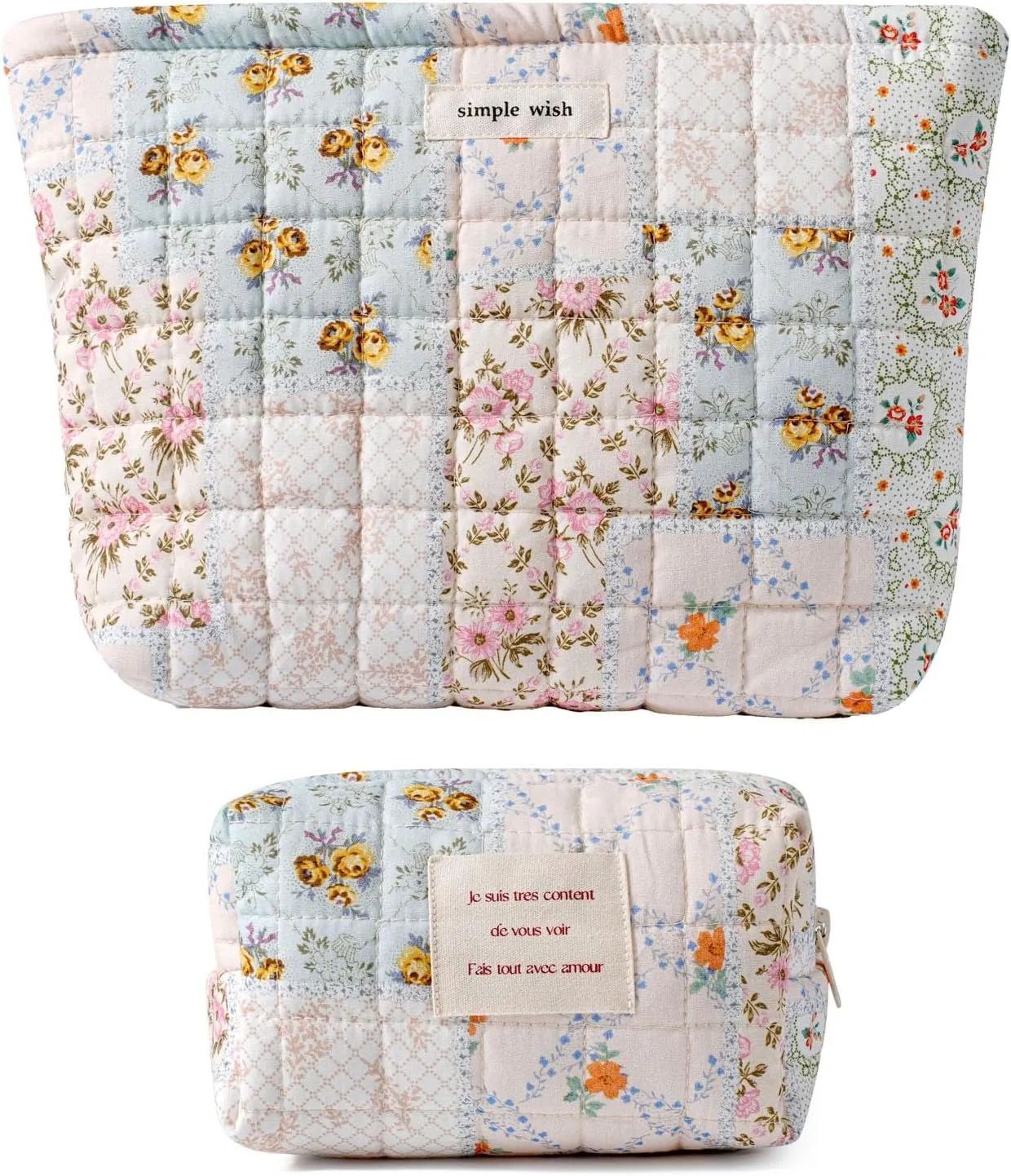 uekeboag 2Pcs Cute Quilted Cotton Makeup Bag, Coquette Quilted Aesthetic Cosmetic Zipper Pouch for Women and Girls,Kawaii Travel Toiletry Bag(01Pink Flower)