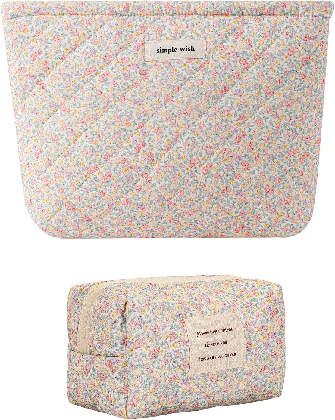 uekeboag 2Pcs Cute Quilted Cotton Makeup Bag, Coquette Quilted Aesthetic Cosmetic Zipper Pouch for Women and Girls,Kawaii Travel Toiletry Bag(07Purple and Pink)
