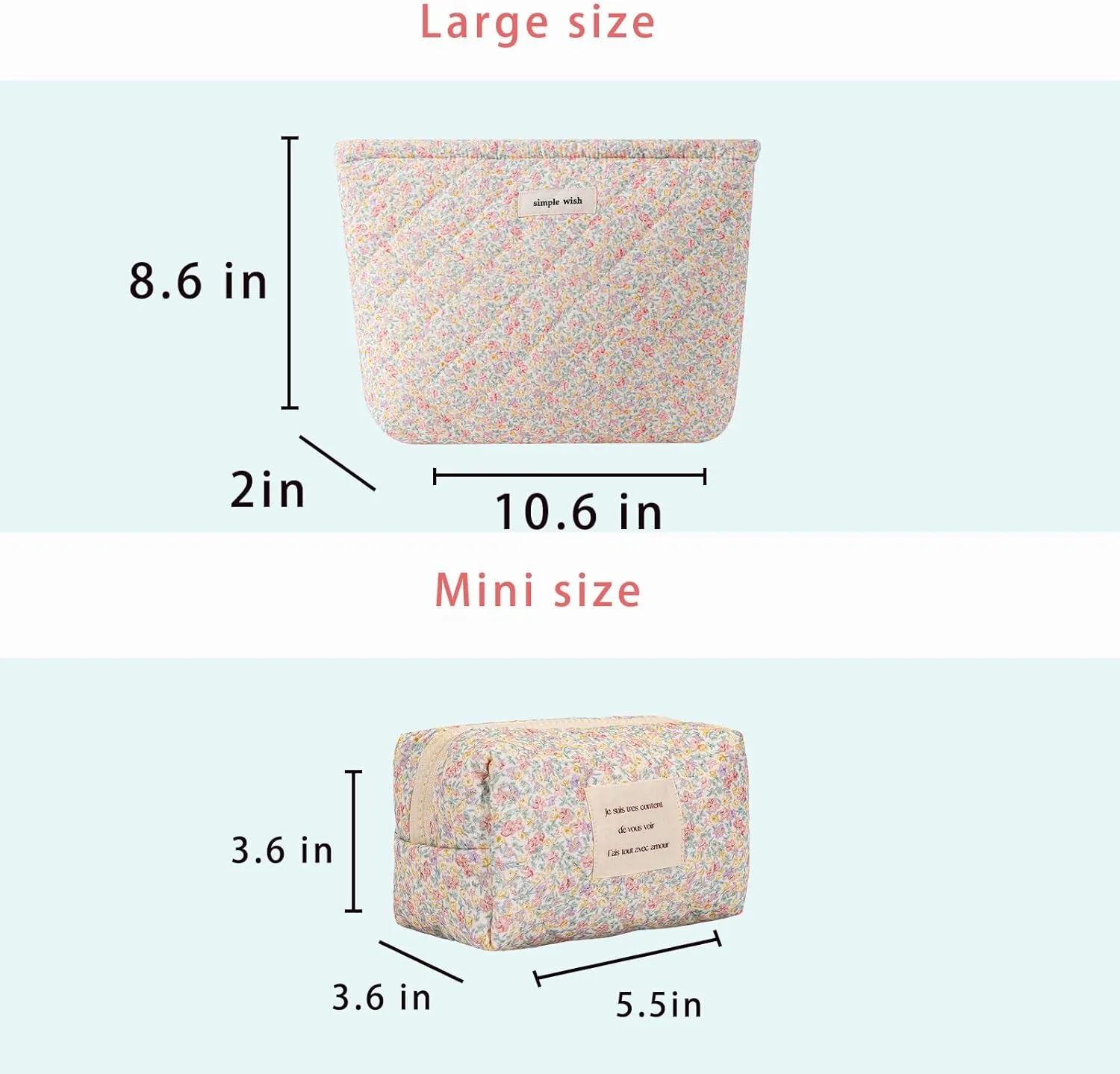 uekeboag 2Pcs Cute Quilted Cotton Makeup Bag, Coquette Quilted Aesthetic Cosmetic Zipper Pouch for Women and Girls,Kawaii Travel Toiletry Bag(07Purple and Pink)