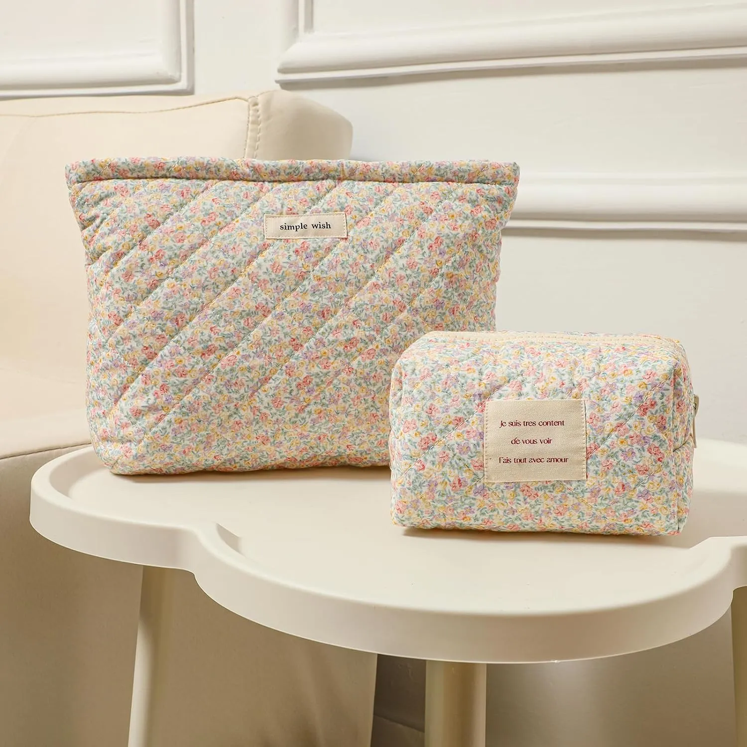 uekeboag 2Pcs Cute Quilted Cotton Makeup Bag, Coquette Quilted Aesthetic Cosmetic Zipper Pouch for Women and Girls,Kawaii Travel Toiletry Bag(07Purple and Pink)