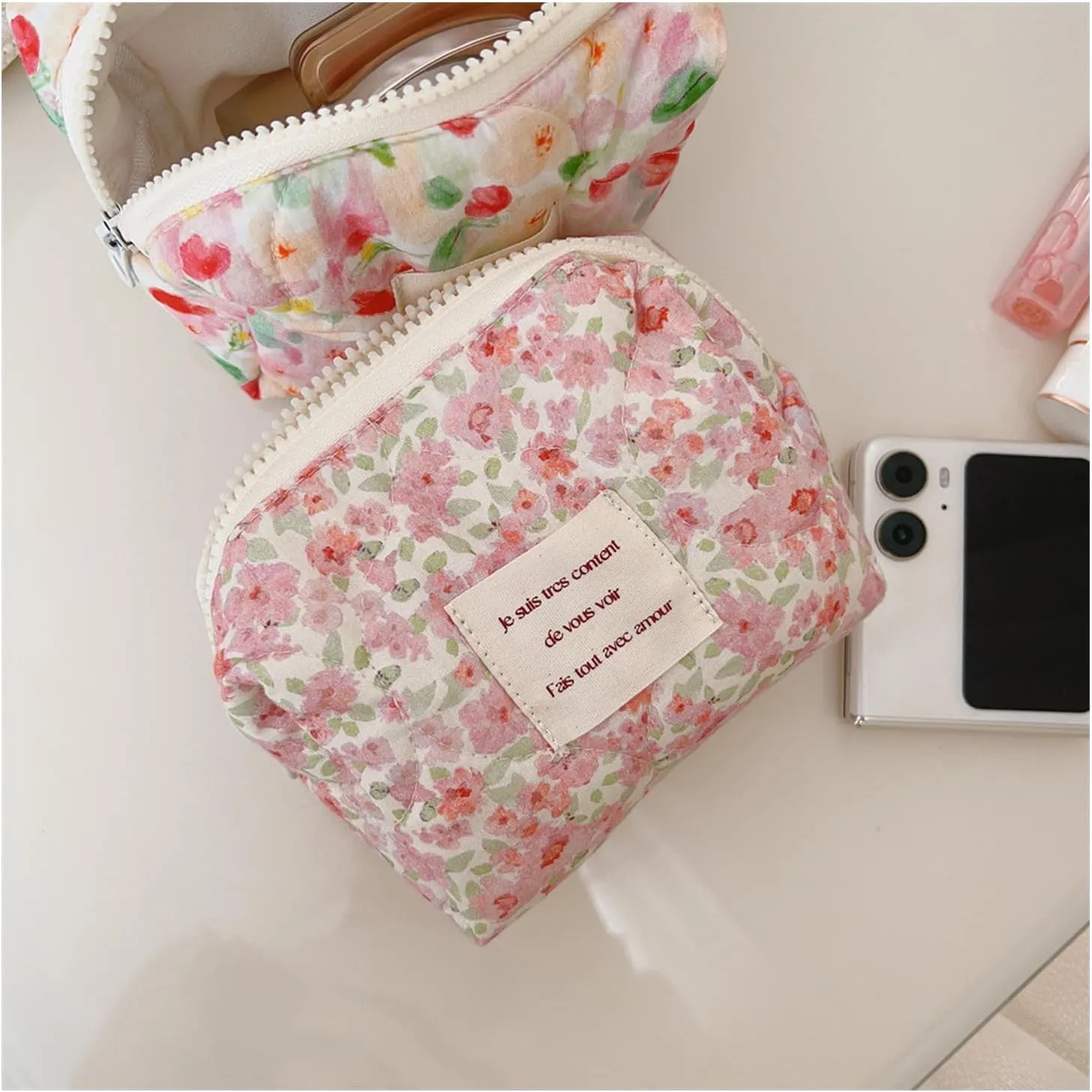 uekeboag Small Floral Quilted Cotton Makeup Pouch for Women and girls,Coquette Quilted Toiletry Bag,Cute Aesthetic Mini Bag, Kawaii Travel Cosmetic Bags(A-Pink Little Flower)
