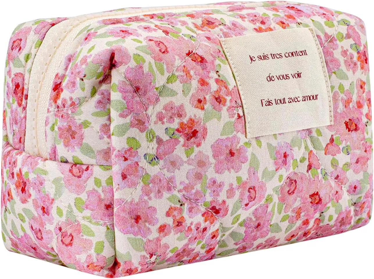 uekeboag Small Floral Quilted Cotton Makeup Pouch for Women and girls,Coquette Quilted Toiletry Bag,Cute Aesthetic Mini Bag, Kawaii Travel Cosmetic Bags(A-Pink Little Flower)