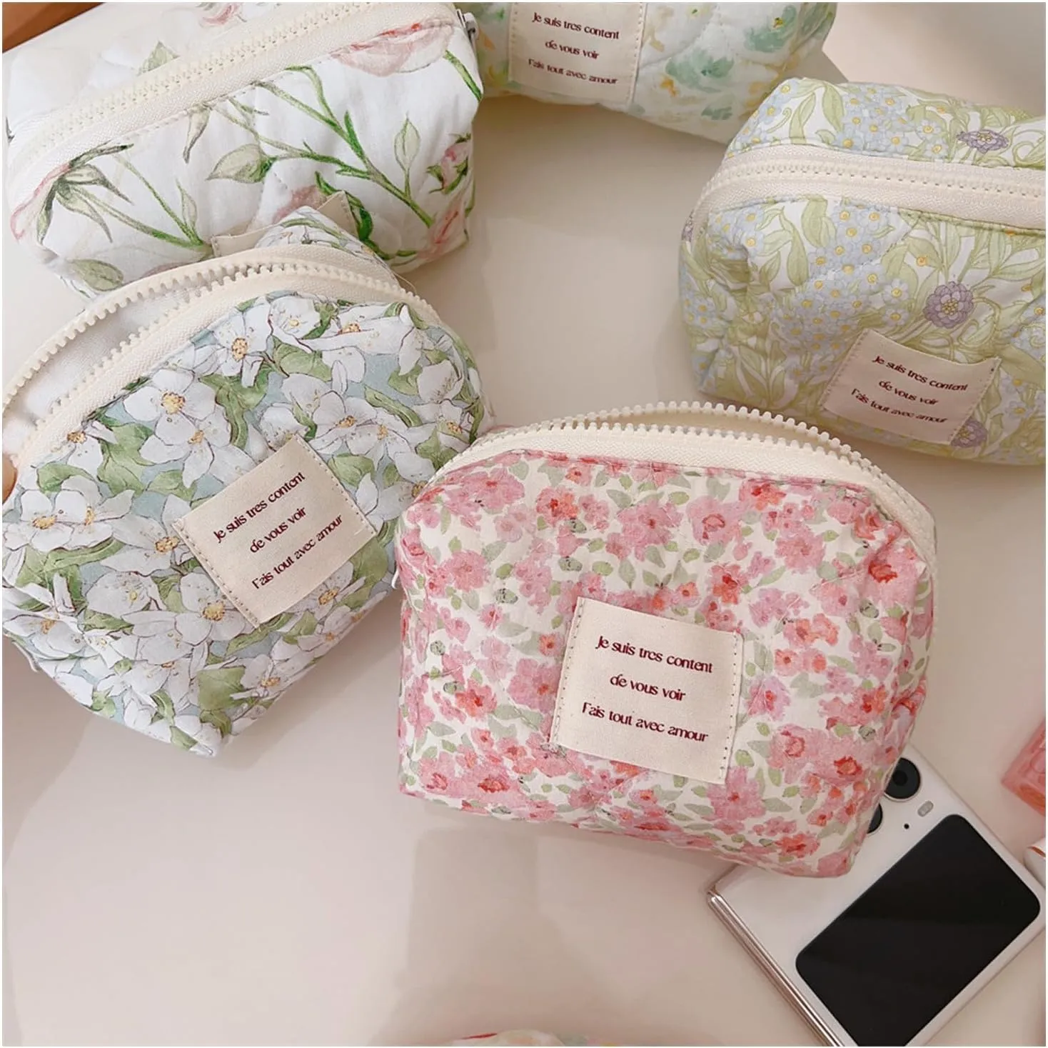 uekeboag Small Floral Quilted Cotton Makeup Pouch for Women and girls,Coquette Quilted Toiletry Bag,Cute Aesthetic Mini Bag, Kawaii Travel Cosmetic Bags(A-Pink Little Flower)