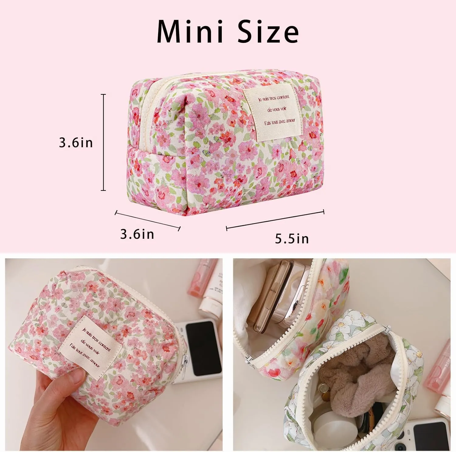 uekeboag Small Floral Quilted Cotton Makeup Pouch for Women and girls,Coquette Quilted Toiletry Bag,Cute Aesthetic Mini Bag, Kawaii Travel Cosmetic Bags(A-Pink Little Flower)