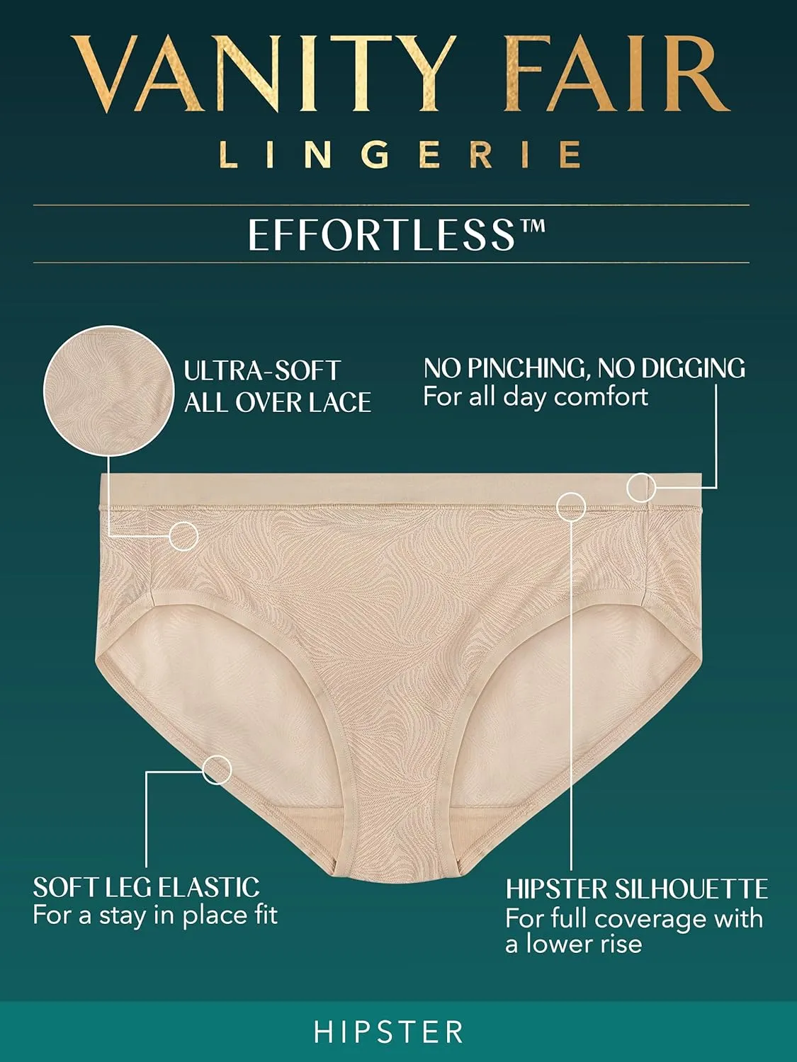 Vanity Fair Women's Effortless Panties for Everyday Wear, Buttery Soft Fabric & Lace
