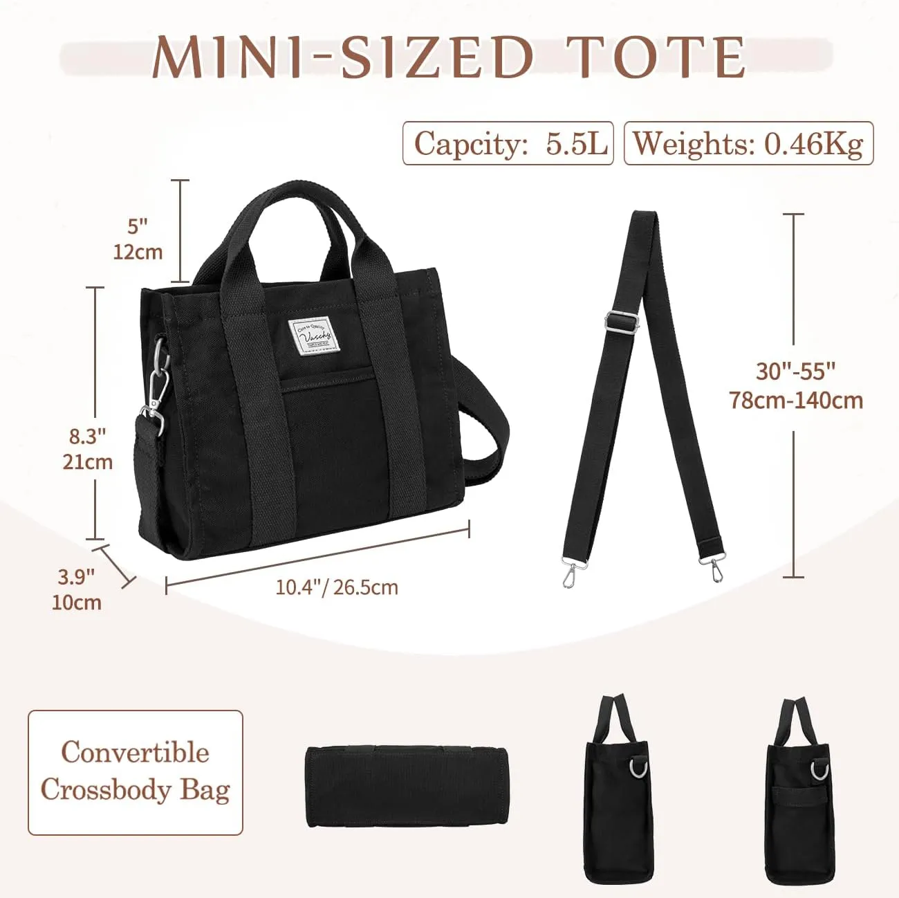 VASCHY Canvas Tote bag, Casual Reusable Work Totes for Women Teachers with Zippers Pockets Crossbody Shoulder Bag Purse