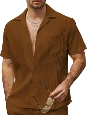 VATPAVE Mens Linen Shirts Casual Button Down Cuban Shirts Short Sleeve Summer Shirts Fashion Textured Beach Shirt with Pocket