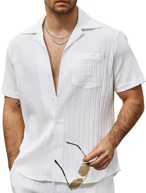VATPAVE Mens Linen Shirts Casual Button Down Cuban Shirts Short Sleeve Summer Shirts Fashion Textured Beach Shirt with Pocket