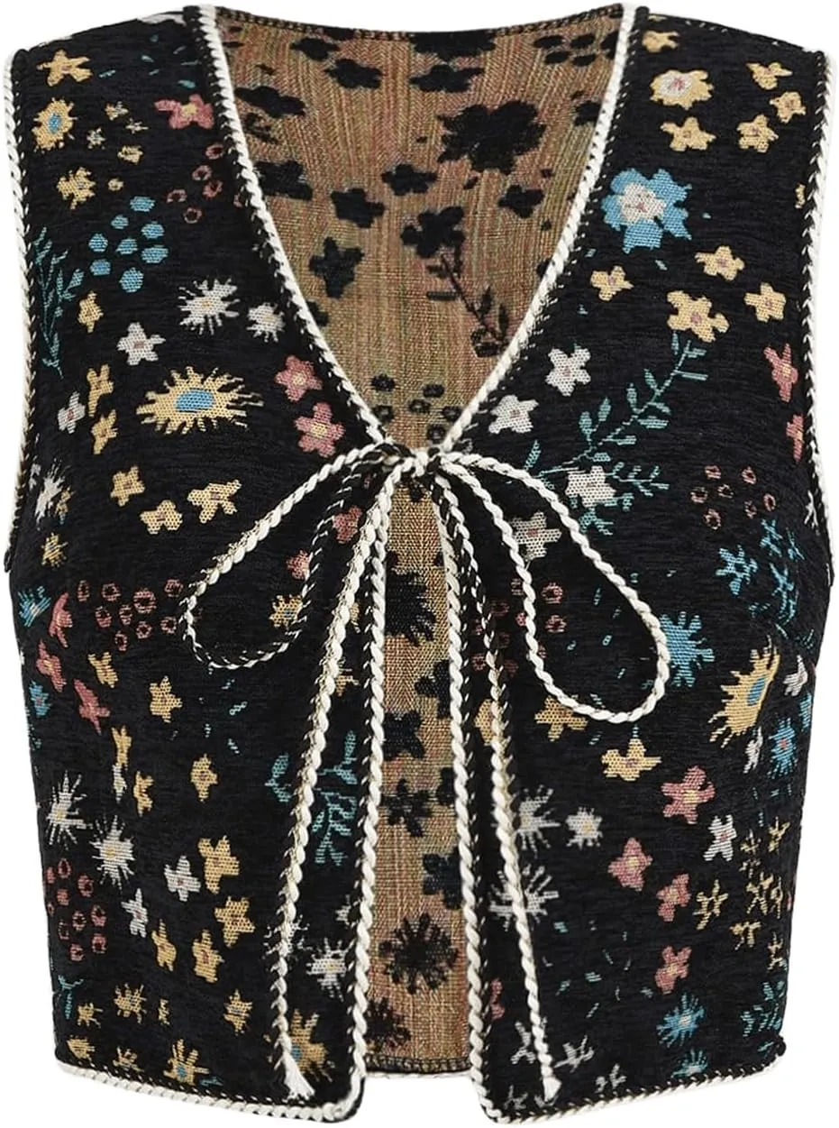Verdusa Women's Tie Front Jacquard Vest Waistcoat Boho Sleeveless Jacket