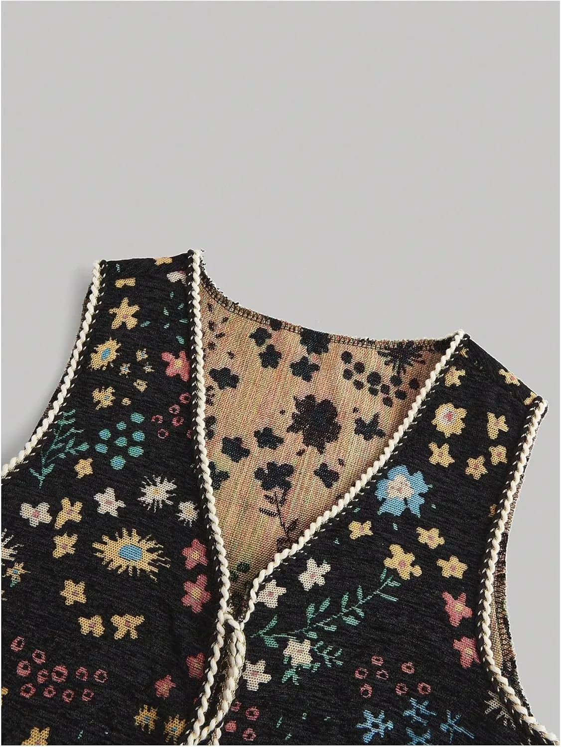 Verdusa Women's Tie Front Jacquard Vest Waistcoat Boho Sleeveless Jacket