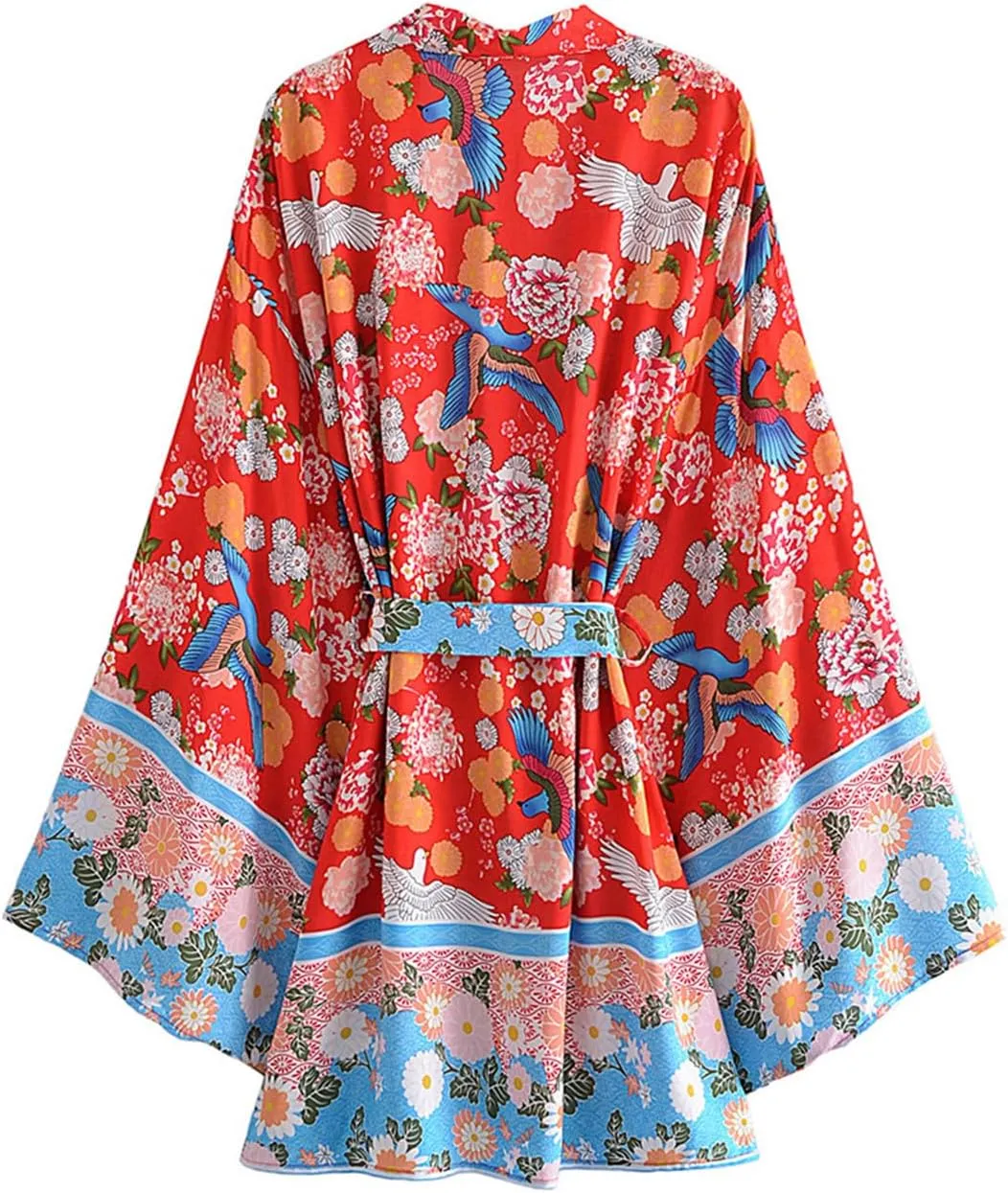 Vintage Bird Floral Print Kimono Women Bohemian V Neck Batwing Sleeves Beach Short Robe Boho Bikini Cover-Ups