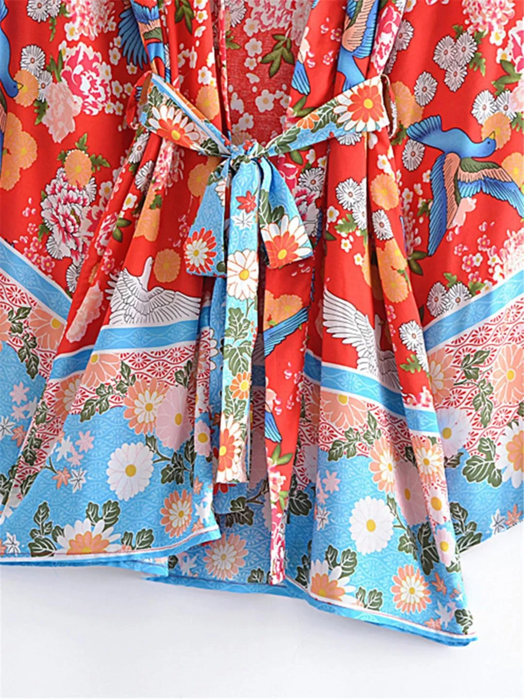 Vintage Bird Floral Print Kimono Women Bohemian V Neck Batwing Sleeves Beach Short Robe Boho Bikini Cover-Ups