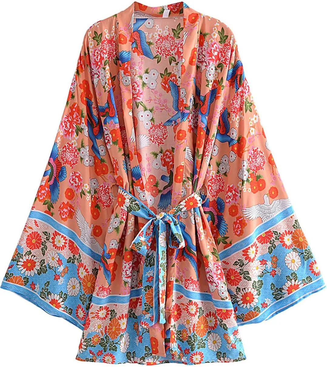Vintage Bird Floral Print Kimono Women Bohemian V Neck Batwing Sleeves Beach Short Robe Boho Bikini Cover-Ups