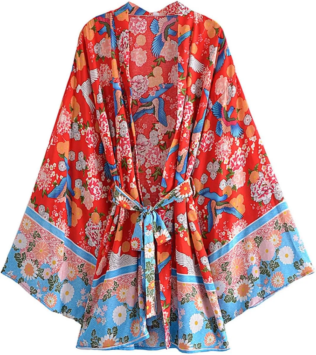 Vintage Bird Floral Print Kimono Women Bohemian V Neck Batwing Sleeves Beach Short Robe Boho Bikini Cover-Ups
